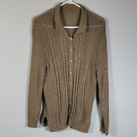 Y2K Ribbed Button Up Cardigan Sweater Size S/M Brown Tan Knit Crochet Modest - Picture 1 of 11